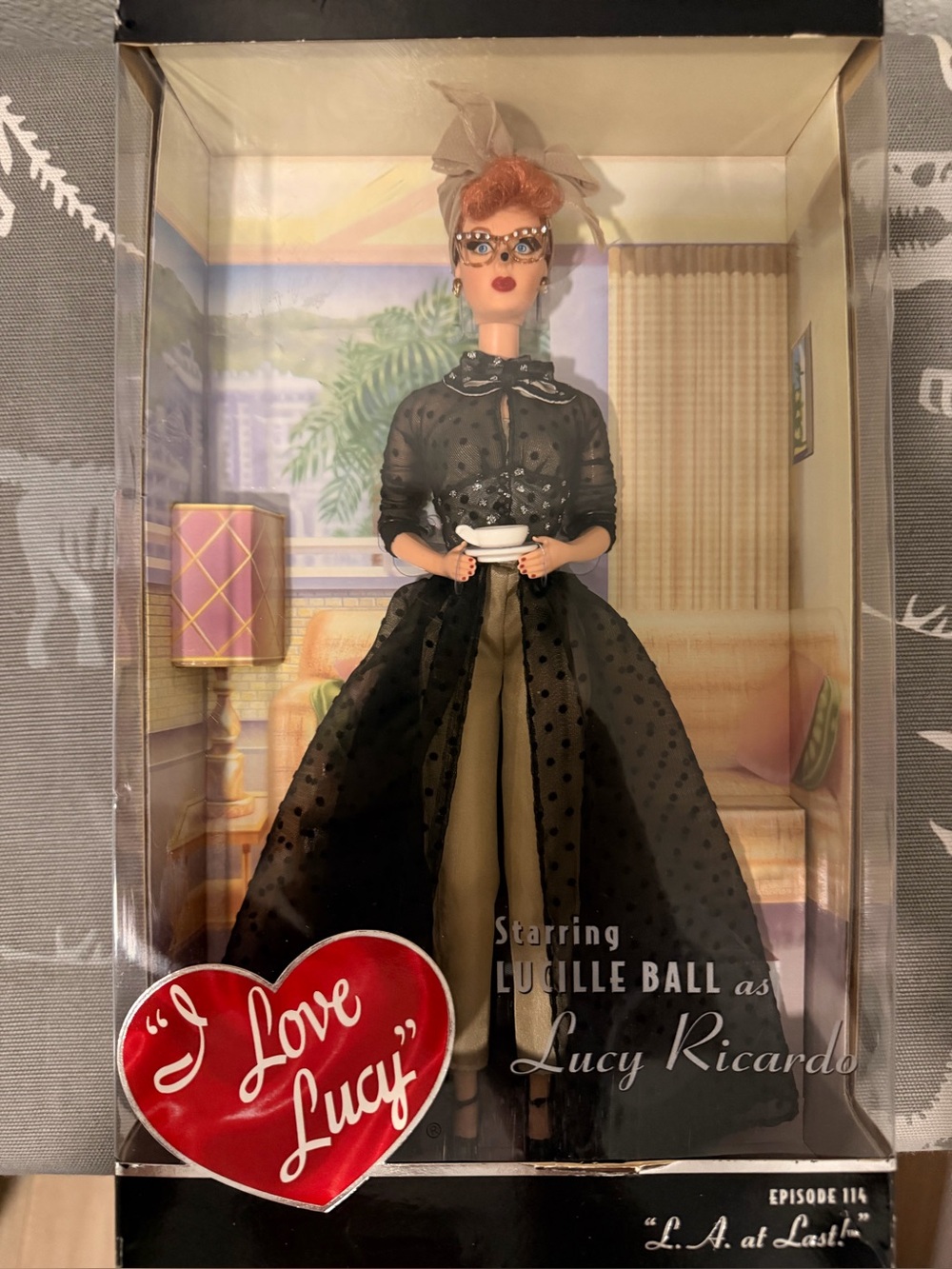I love Lucy Vintage-Style Doll in Black Sheer Polka Dot Gown with Tan Pants
